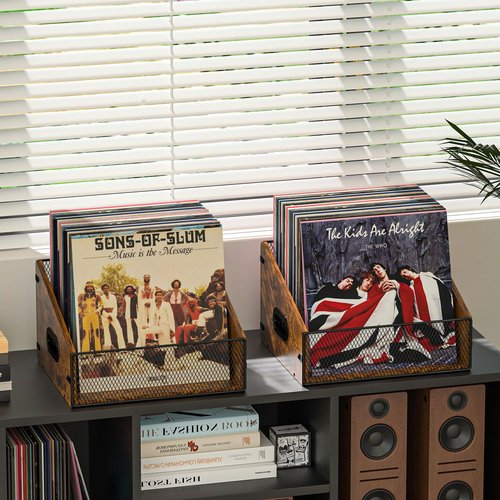 Yuzehuaza Vinyl Record Storage Holder, Trapezoidal LP Vinyl Record Crate with Handle, Wood & Metal Album Storage Desktop Organizer Box for Books Files, Rustic Brown
