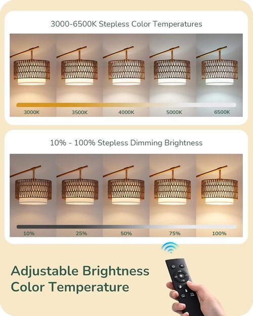 EDISHINE Rattan Arc Floor Lamp - Dimmable LED with Remote & Adjustable Wicker Shades | Gold Farmhouse Design