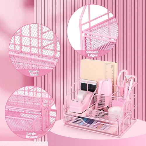 16 Pcs Pink Desk Organizers and Accessories, Pink Office Supplies for Desk Women with Stapler and Tape Dispenser Pen Holder Staples Staple Remover Ruler Scissors Tab Tape Pen Clips