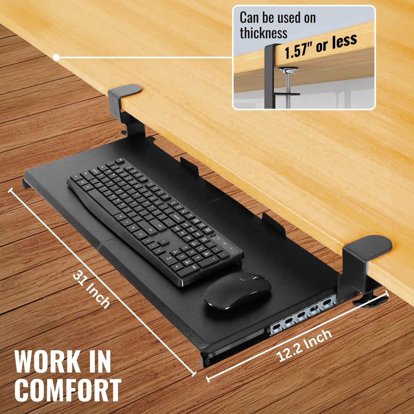 JollyDesk Keyboard Tray Under Desk Slide Out – Large 27" (31" Wide with Clamps) Computer Drawer Pull Out with Sturdy C-Clamp Mount, Ergonomic Keyboard Holder Under Desk Tray, Black