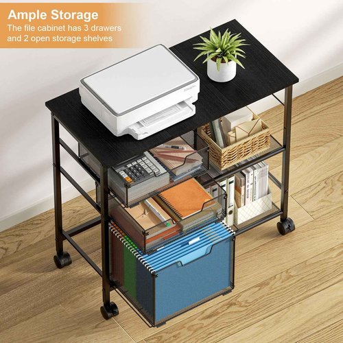 Sbanmao 3 Drawers Rolling File Cabinet with Open Storage Shelf, Under Desk Storage, Hanging File Folder Organizer with Wheels, Mobile Printer Stand Utility Craft Cart for Home Office, Black