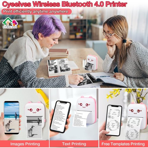 Portable Mini Thermal Printer with 6 Roll Printing Paper, Bluetooth Wireless Smart Mini Printer for iOS Android, Inkless Photo Picture QR Code Receipt List
