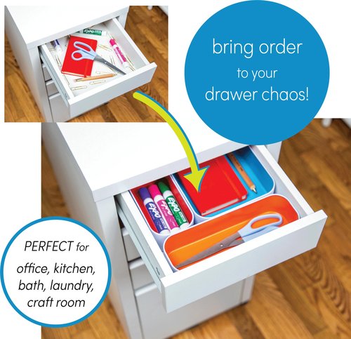 Three By Three Seattle 3 Piece Shallow Metal Organizer Tray Set for Storing Makeup, Stationery, Utensils, and More in Office Desk, Kitchen and Bathroom Drawers (2 Inch, Black and White)
