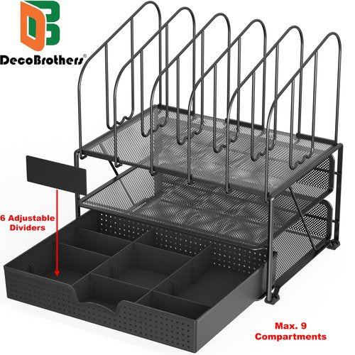 DecoBros Mesh Desk Organizer with Double Tray, 5 Upright Sections and Sliding Drawer, Black