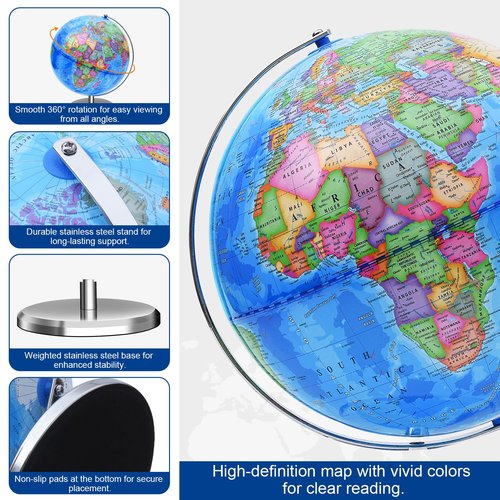 World Globe for Children and Adults, 12 inch Educational Spinning Earth Map with Stand, Self-Assembled Interactive World Globes for Kids Learning, Classroom, Students Desk, Room and Office Decor