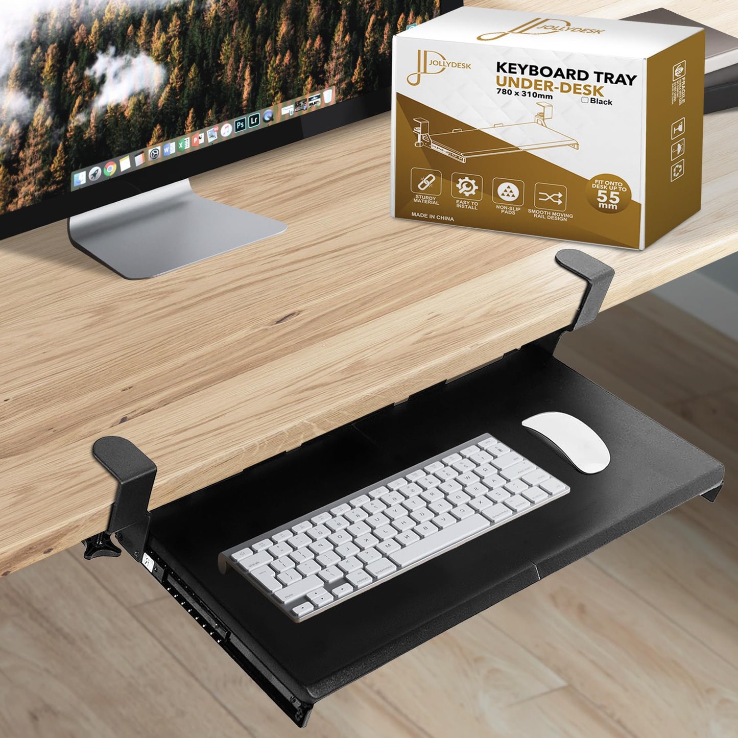 JollyDesk Keyboard Tray Under Desk Slide Out – Large 27" (31" Wide with Clamps) Computer Drawer Pull Out with Sturdy C-Clamp Mount, Ergonomic Keyboard Holder Under Desk Tray, Black