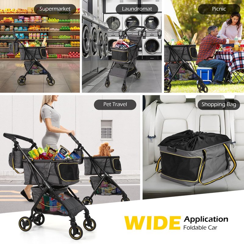 Dyna-Living Personal Folding Shopping Cart 70lbs Load-Capacity Foldable Shopping Carts for Groceries, Adjustable Handle, Lightweight Aluminum Frame Collapsible Shopping Stroller, 2-Tier