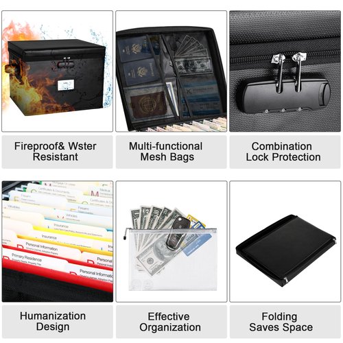 File Box Fireproof Document Box with Lock, Document Safe File Storage Organizer Boxes for Next of Kin Estate Planing Organizer End of Life Planner (Box With Accessories, Black)