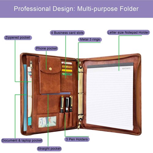 Gvalant 3 Ring Binder Vegan Leather Portfolio, Zippered Portfolio for Men, Letter Size Organizer Folder Padfolio A4 Document Bag for 13.3 inch Tablet Laptop (Brown, Standard)