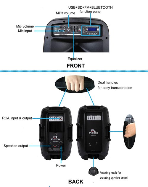 PRORECK Dance 12 Portable 12-Inch 1000 Watts 2-Way Powered PA Speaker System Combo Set with Bluetooth/USB/SD Card Reader/FM Radio/Remote Control/Speaker Stand for Party DJ Wedding Meeting