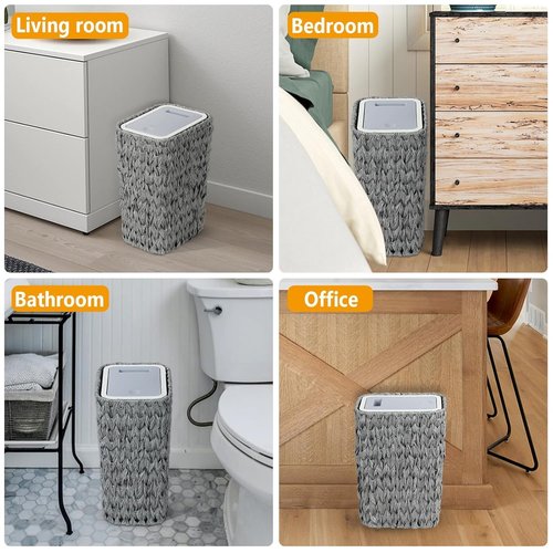 OOTDAY Trash Can with Lid, 2.6 Gallon Small Rattan Trash Can with Press Top Lid, Boho Slim Wicker Waste Basket and Hamper 2 in 1, Seagrass Woven Garbage Can Trash Basket for Living Room, Bedroom Gray