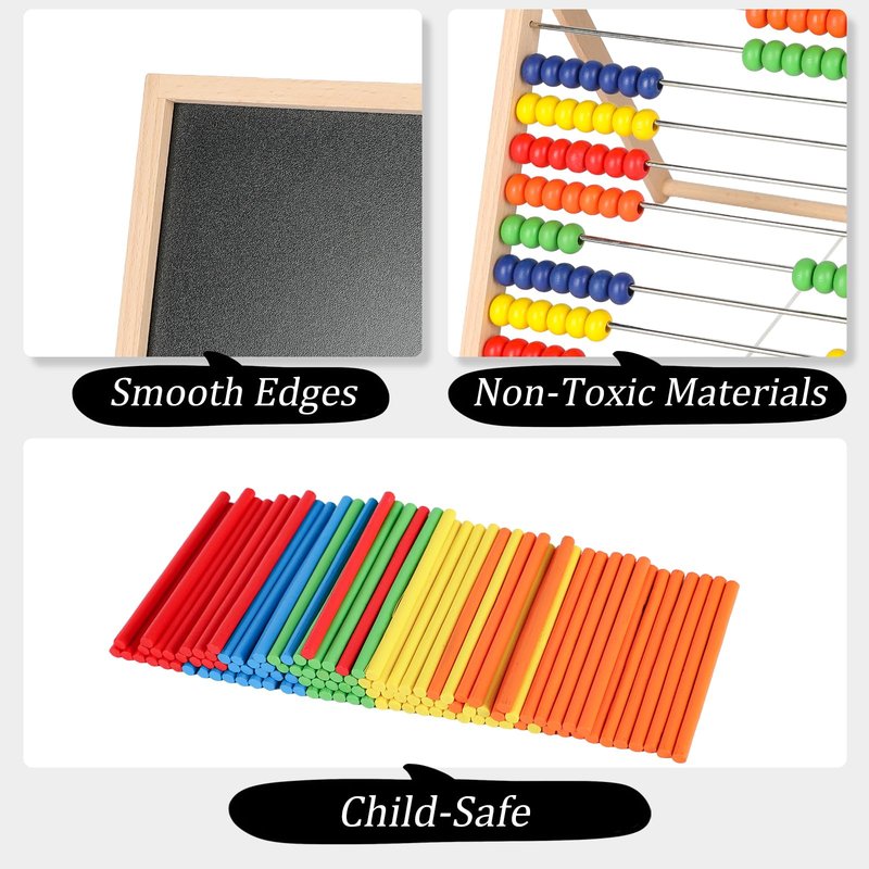 Sariiraw Wooden Abacus for Kids Math – Double-Sided Drawing Board with 100 Counting Sticks, 3 Sets Cards, Clock & Accessories, Educational Learning Toy for Ages 3-8, Homeschool & Preschool Essentials