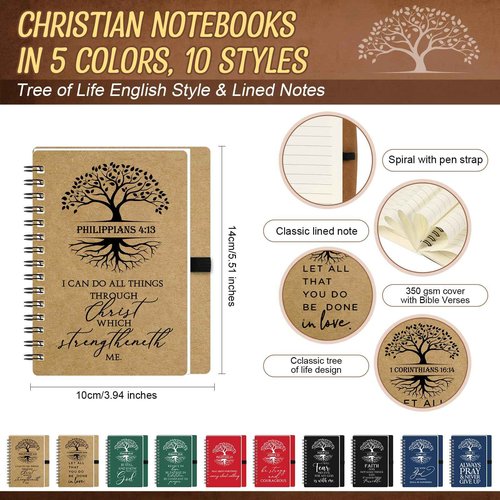 Sinload 60 Pcs/ 30 Set Christian Christmas Gifts Bulk Spiral Notebooks with Bible Pen Prayer Journal Bible Verse A6 Tree of Life Scripture Notepad for Religious Church Holiday (60, English Classic)