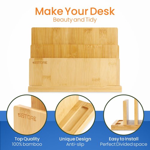 JLSTORE Bamboo File Organizer for Desk - Wood Desktop Organizer with 4 Slots & Tray for Filing Letters, Office Accessories, Pen/Tablet/Sticky Notes.