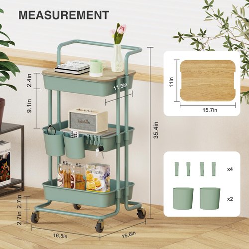 DTK 3 Tier Rolling Utility Cart with Cover Top Board, Movable Kitchen Storage Cart Trolley with Lockable Wheels, Cups, Hooks for Kitchen Bathroom Home Office Art Craft Storage(Turquoise/Green)