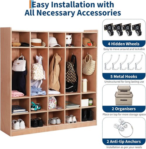 Garvee 5-Section Classroom Coat Locker - 15 Cubbies with Anti-Tip Anchors & 4 Casters | Ideal for Home & School