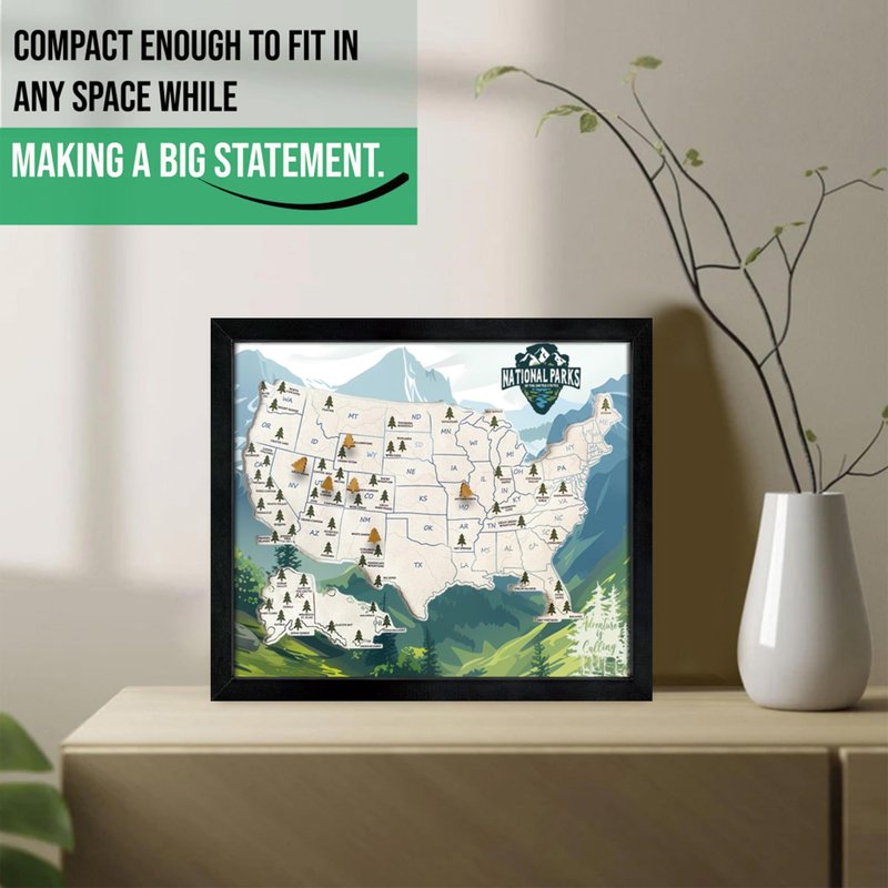 flinelife National Parks Map With Wooden Pine Tree Pins, 13X11, National Park Bucket List Cork Map, Perfect for National Parks Lovers, Hiker, Couples and Families Gift