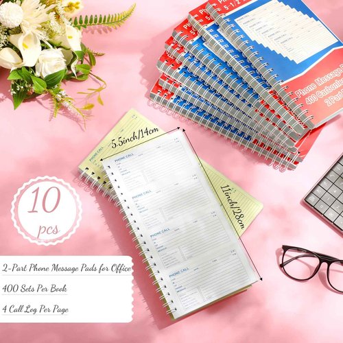 Sinmoe 10 Pcs Phone Message Book 2 Part Carbonless Message Pads 5-1/2" x 11" Spiral Bound Cover 400 Sets Per Book 4 Messages Per Page Phone Message Forms Book Telephone Message for Office