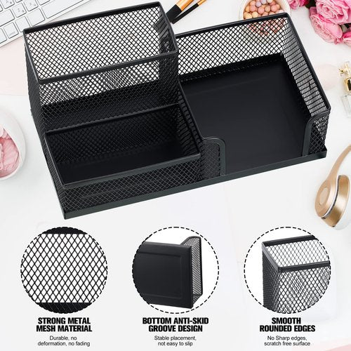 4 Pcs Mesh Desk Organizer 3 Compartments Mesh Pen Holder Sticky Notes Pencil Holder Black Metal Caddy Desk Pen Organizer for Desktop Accessories Storage Baskets Home Office and School Supplies