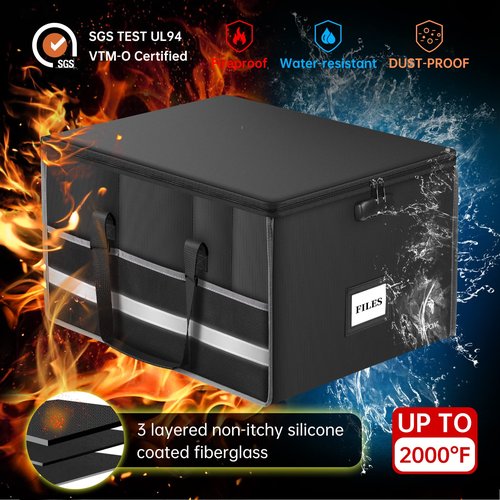 ENGPOW Fireproof Document Box with Lock, File Storage Organizer Box with Inserts &Mesh Pockets, Collapsible Portable Large Filing Cabinet Safe for Hanging Both Letter and Legal Folders(19"x16"x11")