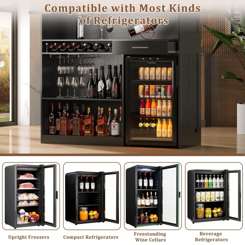 Lurinthal Home Bar Unit with Mini Fridge Space, Liquor Bar Cabinets with Storage Shelves, Drawer, Wine Glasses Holder, Mini Fridge Cabinet with Storage, Basement Bar for Home, Living Room