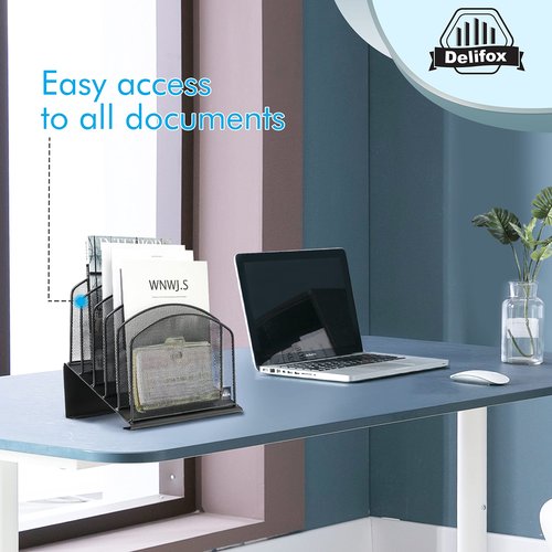 Delifox Inclined Desk File Organizer, 5-Section Vertical File Folder Holder Stand Metal Rack File Sorter for Office Classroom Desktop Organization (Black, 1Pack)
