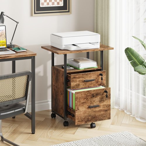 GYIIYUO 2 Wood Drawer File Cabinet with 22'' Extended Desktop and Lock, Mobile Filing Cabinet with Side Bag, Rolling Printer Stand, Fits A4&Letter Size, Home Office, Rustic Brown