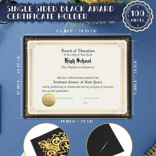 Kosiz 100 Pcs Single Sided Certificate Holders with Gold Foil Border for 8.5 x 11 Inch Certificates Cardstock Document Papers Graduation Diploma Covers Marriage Supplies, Linen Textured(Black)