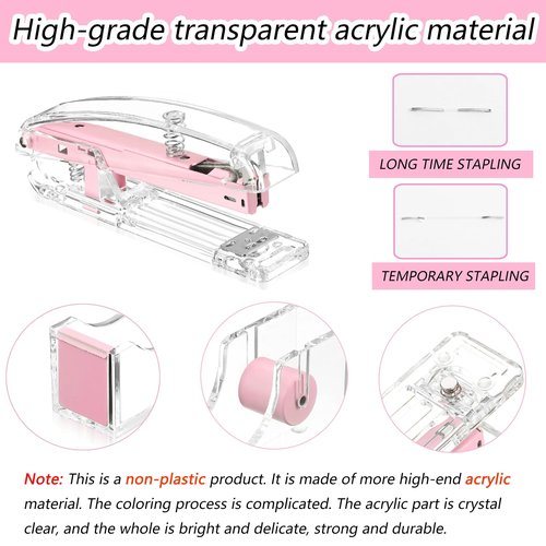 Pink Desk Organizers and Accessories, Pink Office Supplies with Mesh Desk Organizer, Acrylic Tape Dispenser and Stapler, Staples, Ballpoint Pen, Clips Set, Ruler, Scissor, Sticky Labels