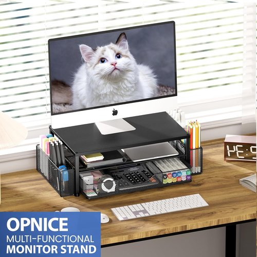 OPNICE Desk Organizer - 2-Tier Computer Monitor Stand Riser with Drawer & Pen Holders | Black