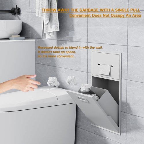 3 Gallon Bathroom Trash Can Tilt Out Trash Bin Cabinet, Hidden Trash Can Cabinet Recessed Wall Mounted Stainless Steel with Toilet Paper Holder for Bathroom/Bedroom/Office Renovation, White