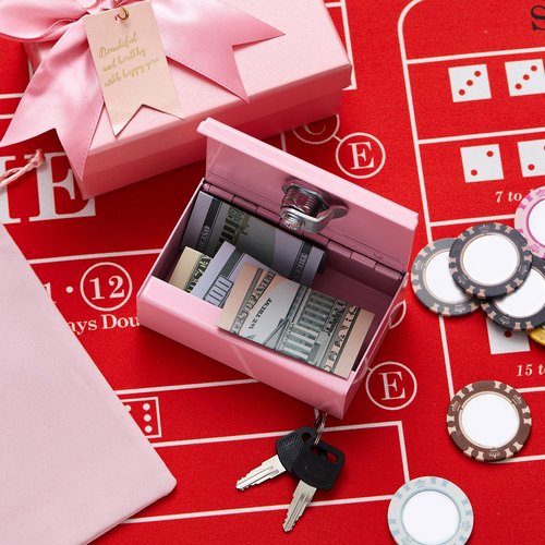 CroBlissful 3 Pcs Pink Metal Cash Box for Money Savers Large Slot with 2 Keys and Storage Bag Gift Box, Casino Portable Cash Organizer Pocket Sized Gifts Stops Addictive Urges to Casino Lovers