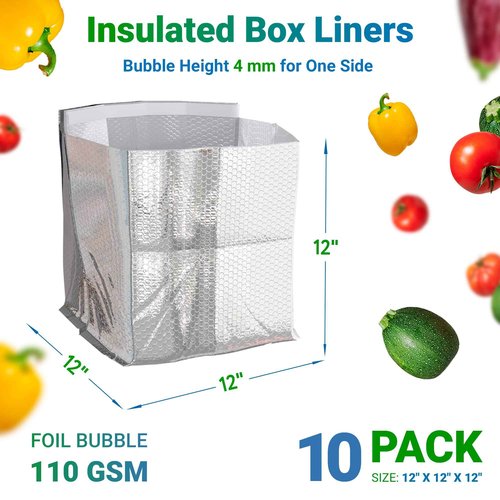 Amiff Foil Insulated Box Liners, 12 x 12 x 12 Inches. 10 Pack Thermal Box Liners for Frozen Food. Leakproof Insulated Shipping Bags for Food. Self-Seal Thermal Insulation Bag with Gusseted Bottom