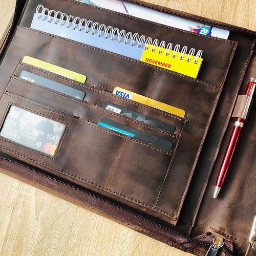 3 Ring Check Binder, Genuine Leather Check Book Portfolio for 3 Holes Checks or 9 Holes Checks, Fits 3-on-a-Page Business Checks, Check Book Binder for 11 1/4"x9", Crazy Horse Leather Dark Khaki