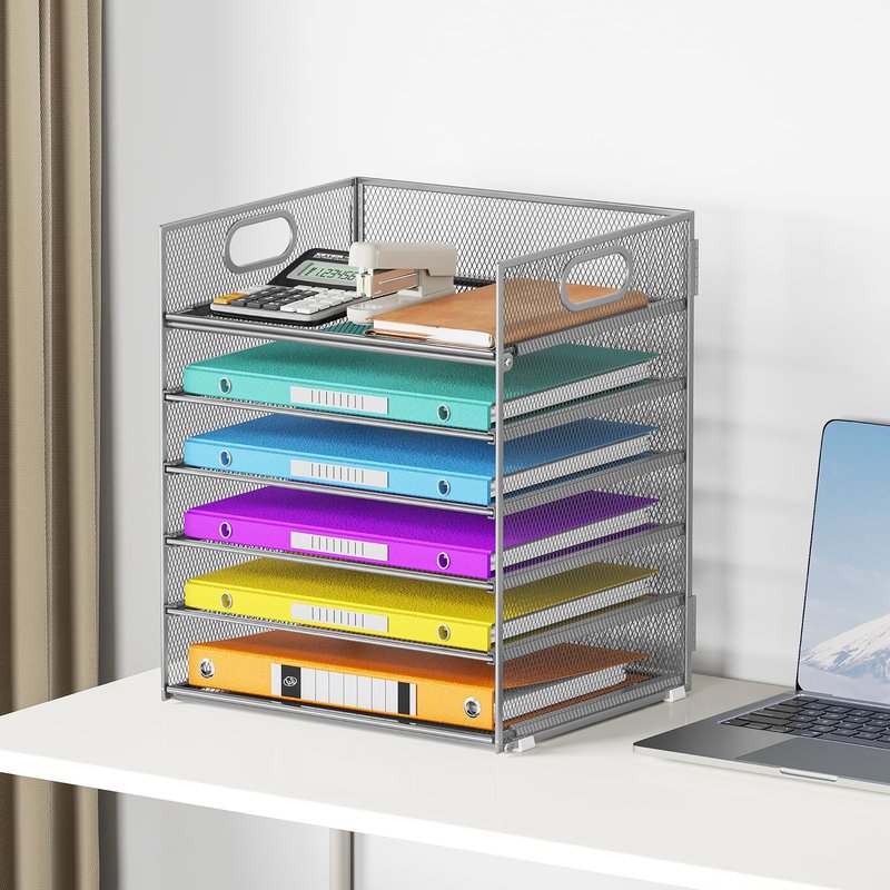 6 Tray Paper Organizer Letter Tray with Handle - Mesh Desk File Folder Holder, Paper Sorter for Office, Home or School - Silver
