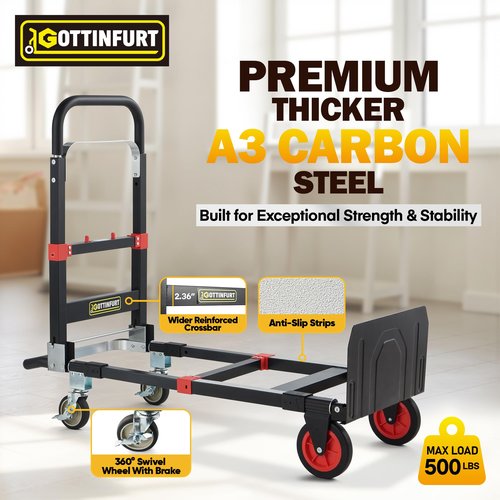 2025 Upgraded Convertible Hand Truck Dolly Heavy Duty, 3 in 1 Fodalble Cart 500 Lbs, Folding Hand Truck Dolly with Brake Wheels, Anti-Slip Strip & 2 Elastic Ropes for Luggage Office Home Use