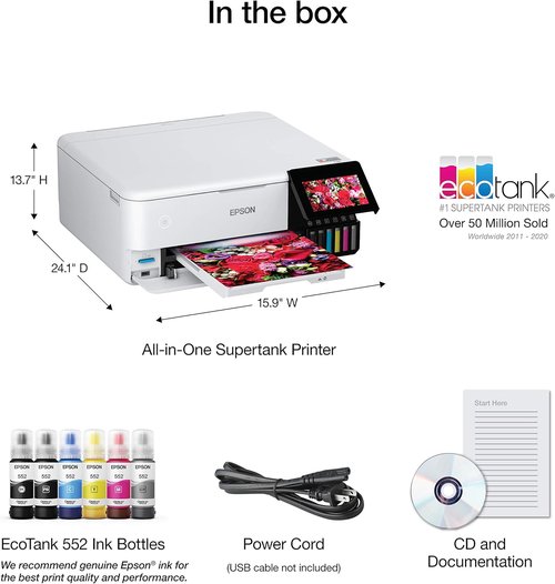 Epson EcoTank Photo ET-8500 Wireless All-in-One Printer - Color Touchscreen, Scanner & Copier - White