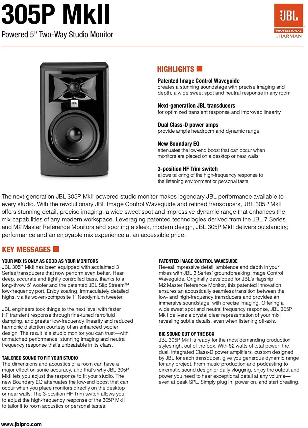 (2) JBL 305P MkII 5" 2-Way Active Powered Studio Reference Monitors Speakers