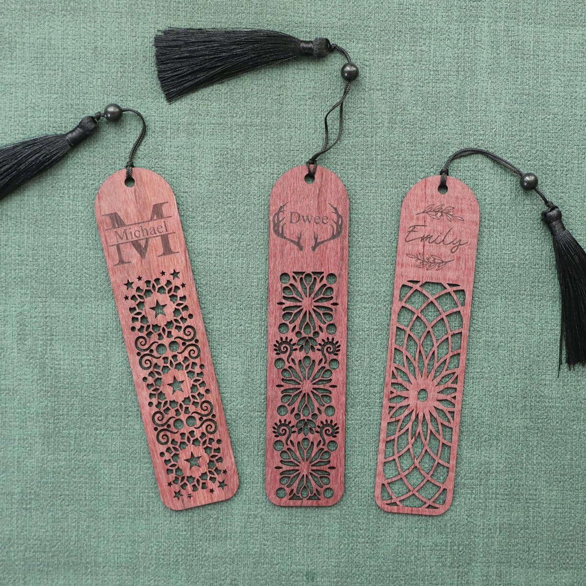 Skiennix Custom Wooden Bookmarks - Personalized Engraved Name Gift Set for Men & Women | Vintage Handmade (Purpleheart, 3 PCS)