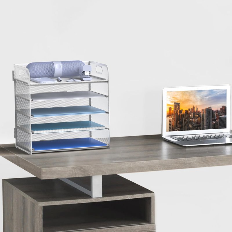 Letter Tray Paper Organizer 5-Tier Desk Organizer File Organizer Paper Holder with Handle, Metal Desktop Document Shelf Tray Office Classroom Organization - White
