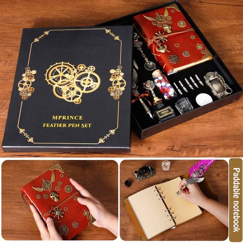 Quill and Ink Set With Quill and 5 Replaceable Nibs, Seal Stamp, Spoon, Wax Beads, White Wax, Pen Holder, Cup, Envelope, Letter Paper, Envelope Tool(purple)