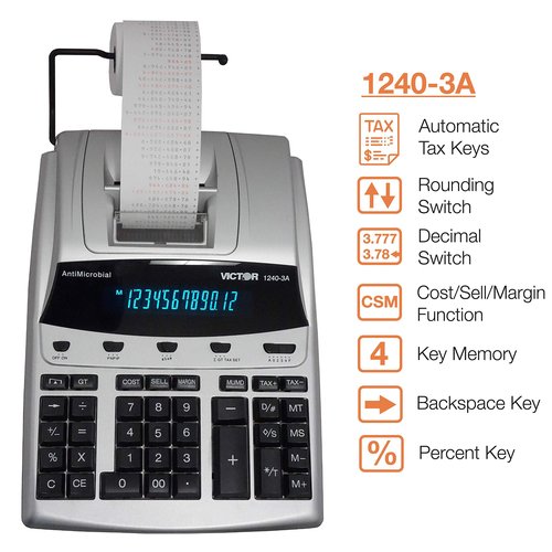 Victor 12-Digit Desktop Adding Machine, Large Easy To Read Display, Tape Print Out with 4,5 lines-per-second ribbon printer, Tax, Cost, Sell and Margin keys (1240-3A)
