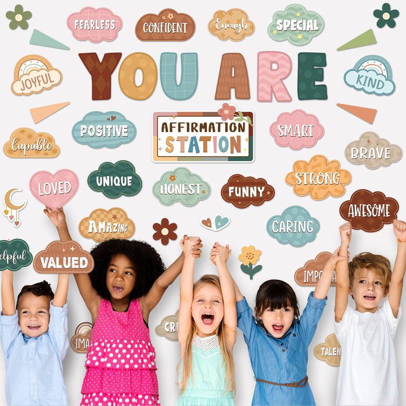 Weekgrat 45pcs Classic Boho Bulletin Board Set Motivational Posters Classroom Mirror Growth Mindset Decor Positive Affirmations Accents Cutouts for School Office Home Teacher Wall