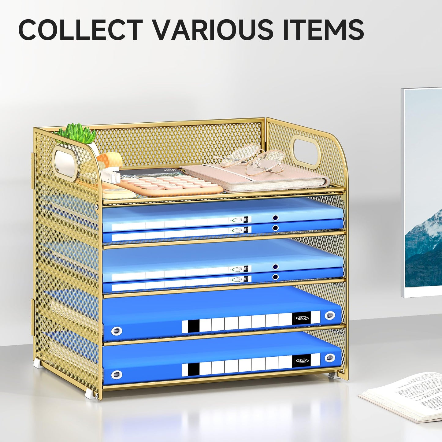 Kinkota Paper Organizer Letter Tray with Handle Mesh 5 Trays Desk File Organizer Paper Sorter Desk Organizer for Office, Home or School-Gold
