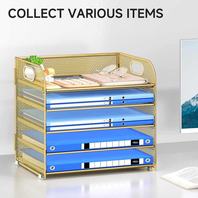 Kinkota Paper Organizer Letter Tray with Handle Mesh 5 Trays Desk File Organizer Paper Sorter Desk Organizer for Office, Home or School-Gold