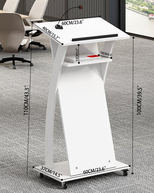 Xibolai Mobile Wooden Podium Stand with Wheels Lectern White 16MM Wood Board Elegant Design Wooden Churche Pulpit