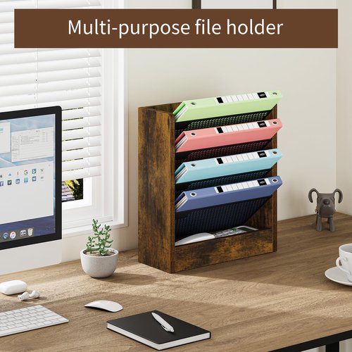 VYUOL Wall File Organizer with 4 Hooks,5 Tier Vertical Hanging Wall Mount File Holder,Desk File Organizer,Desktop Mail Paper Folder Holder Rack with Bottom Tray for Office and Home