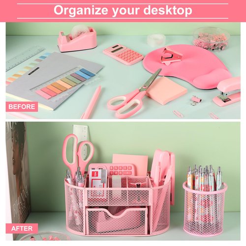 VAIPI 17 in 1 Pink Office Supplies Set Desk Organizers and Accessories with Mouse Pad, Calculator, Stapler, Tape Dispenser, Staples, Scissors, Pens, Sticky Notes, Page Markers for Office School Home