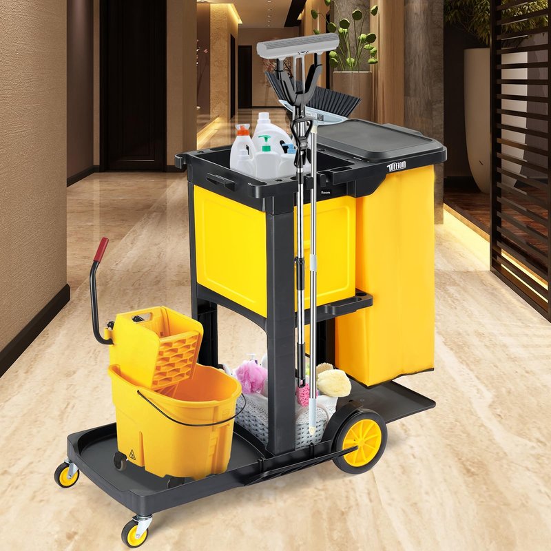 TUFFIOM Janitorial Cart with Key-Locking Cabinet, 3-Shelf Commercial Cleaning Cart, Housekeeping Caddy with Locker,Wheeled with Yellow Vinyl Bag, Black, Great for Hotel, Stores, Schools, and Business