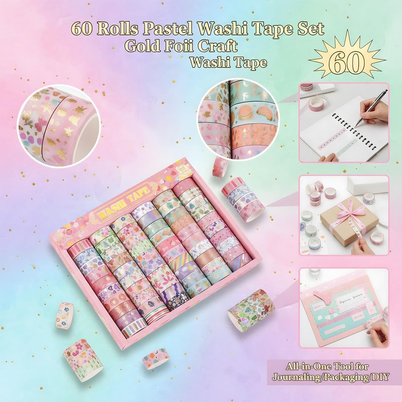 Sifaolp 60 Rolls Washi Tape Set, 15 mm Gold Foil Cute Pattern Floral Decorative for Journaling Supplies